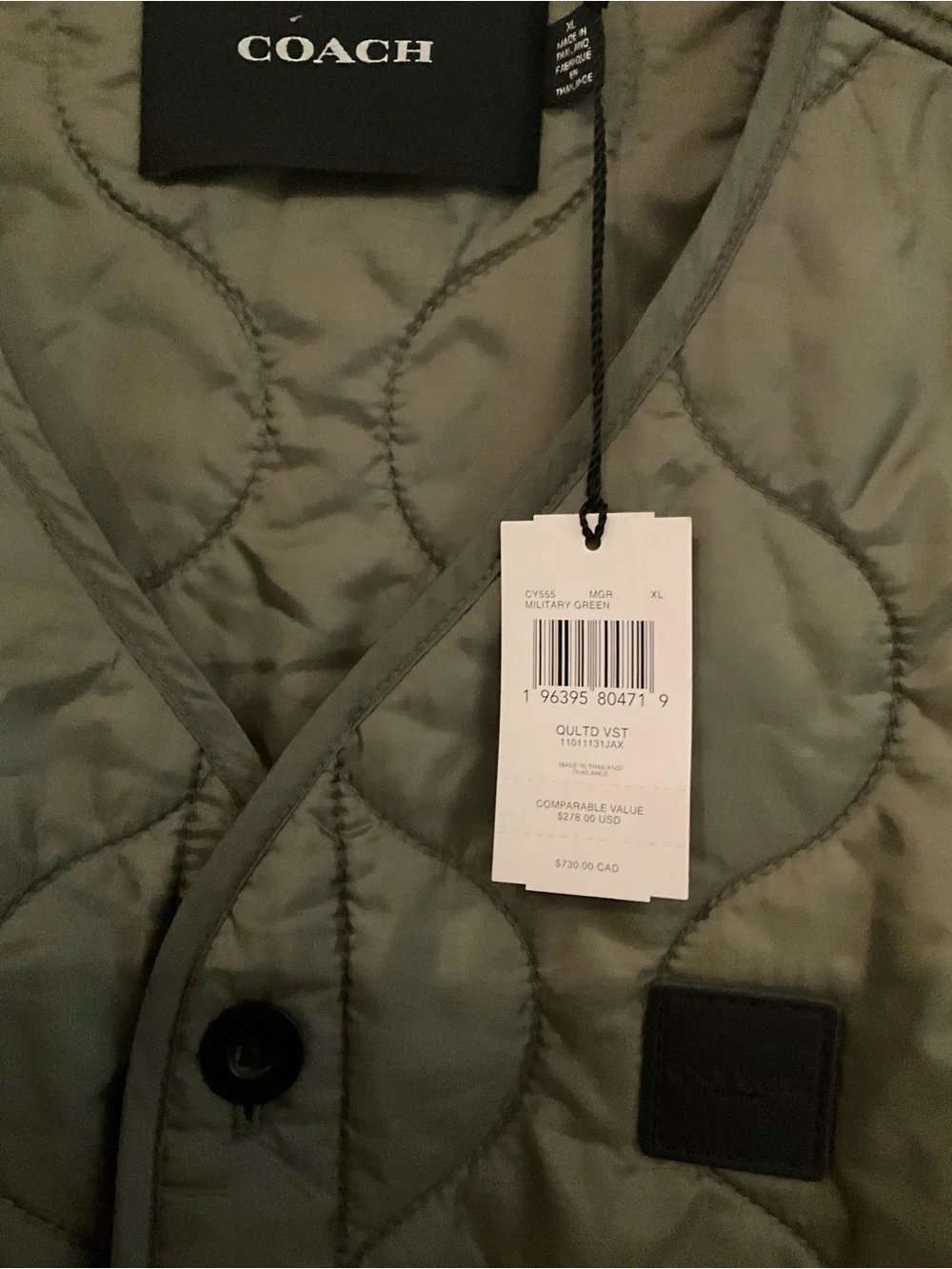 Coach Quilted Olive Vest with Button Front